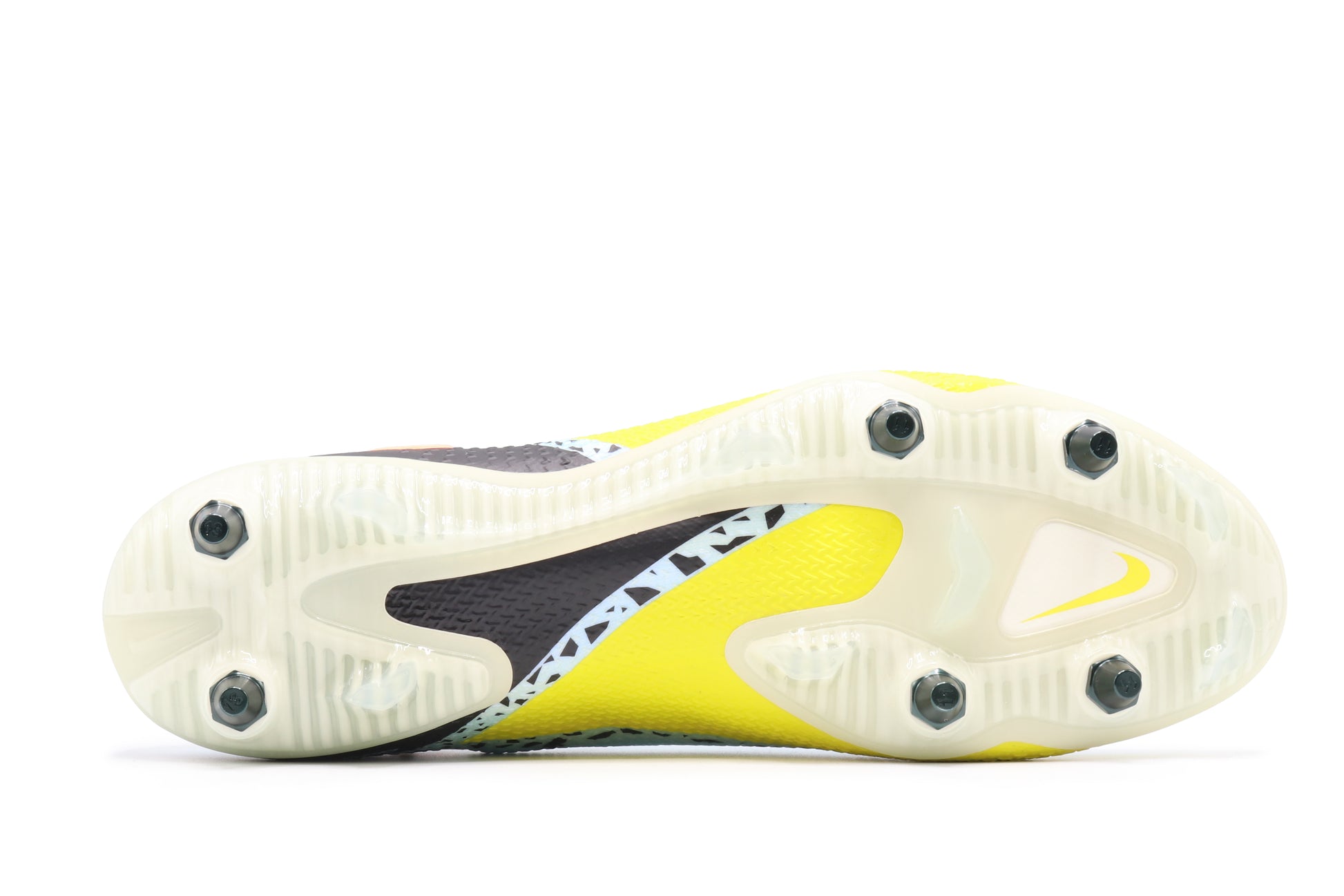 Nike Phantom GT II SG-Pro, in the Glacier Ice/Black/Yellow Strike colorway, photographed from the bottom side of the football boot, showing the soleplate