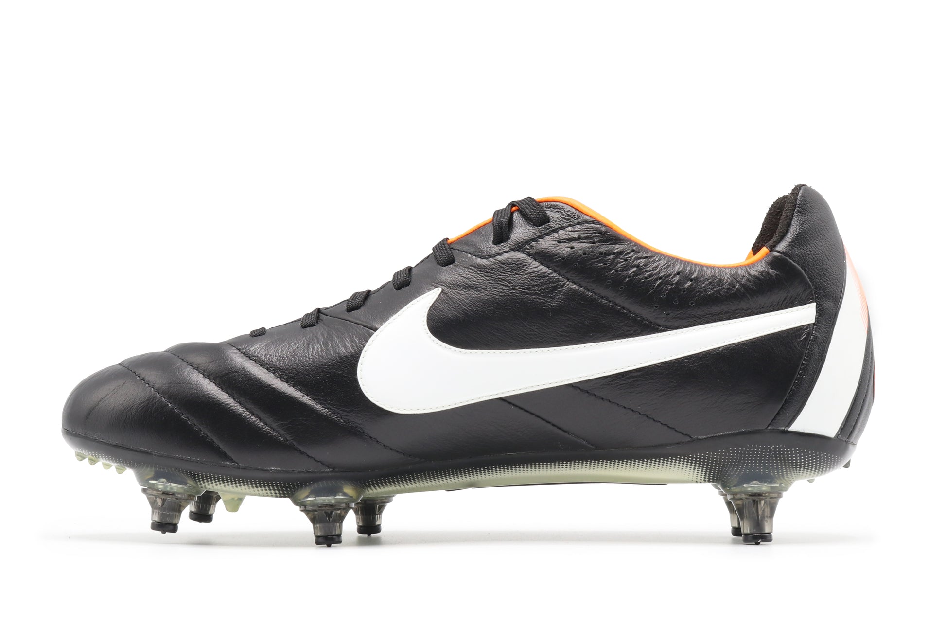 Nike Tiempo Legend IV SG, in the Black/White-Total Orange colorway, photographed from the left side of the football boot