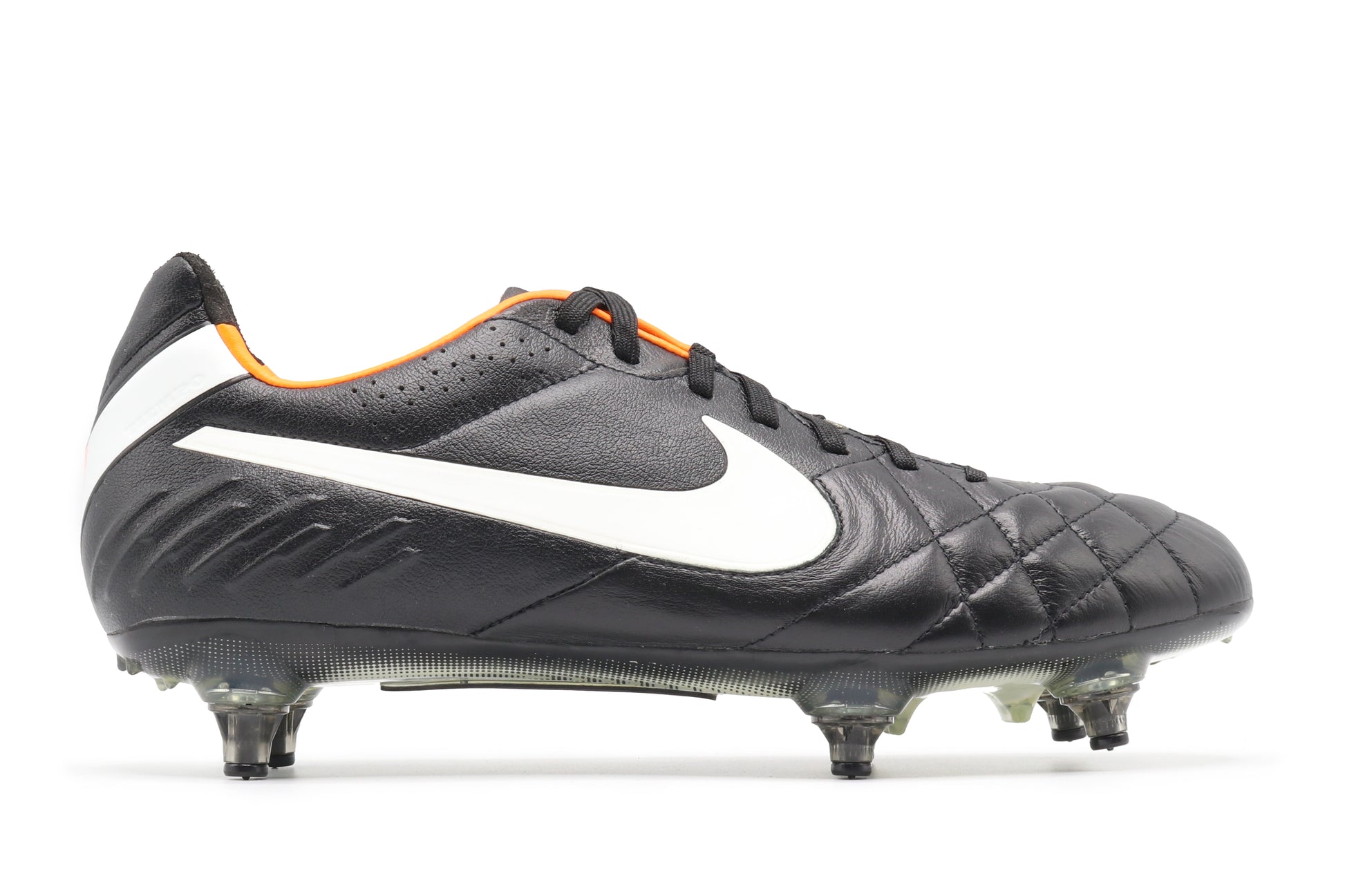 Nike Tiempo Legend IV SG, in the Black/White-Total Orange colorway, photographed from the right side of the football boot