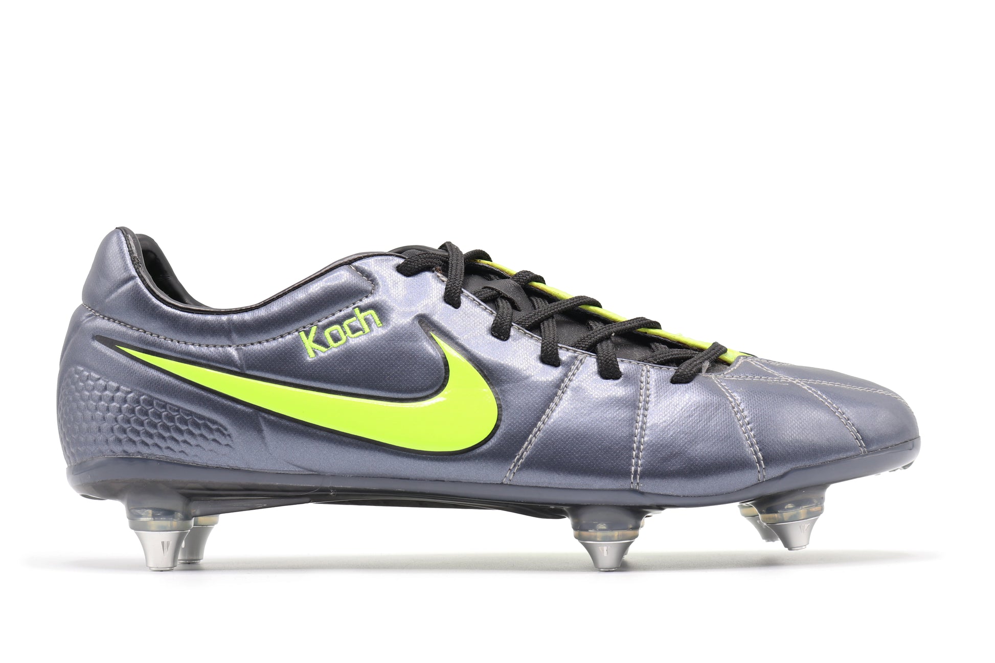 Nike Total 90 Laser Elite SG, in the Metallic Blue Dusk/Volt/Black colorway, photographed from the right side of the football boot