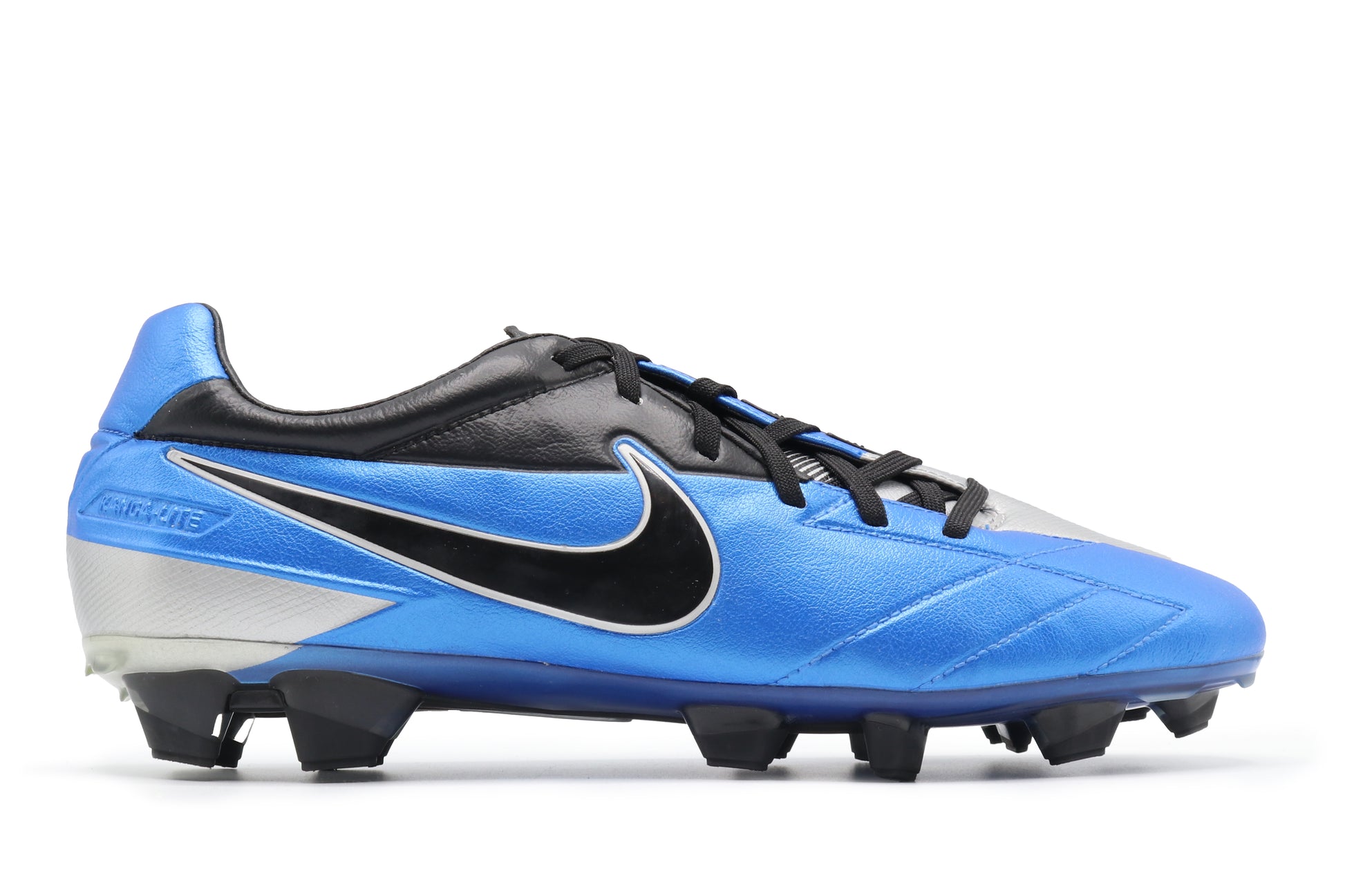 Nike Total 90 Laser IV KL-FG, in the Soar/Black/Metallic Silver colorway, photographed from the right side of the football boot