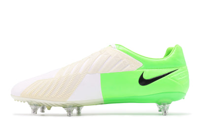 Nike Total 90 Laser IV KL-SG, in the White/Black-Electric Green colorway, photographed from the left side of the football boot