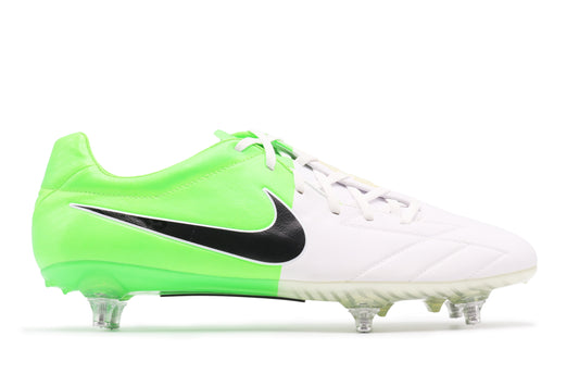 Nike Total 90 Laser IV KL-SG, in the White/Black-Electric Green colorway, photographed from the right side of the football boot