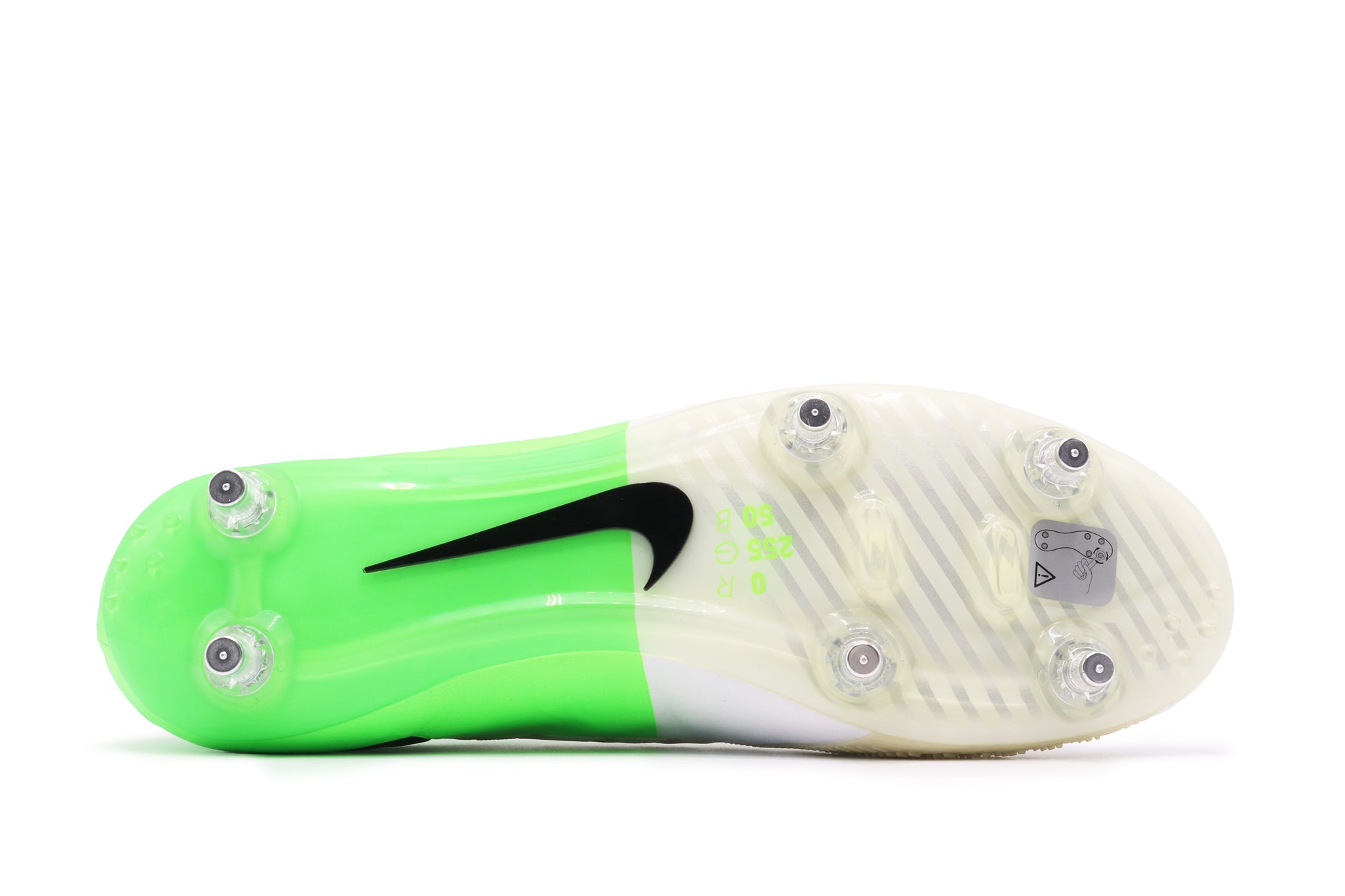 Nike Total 90 Laser IV KL-SG, in the White/Black-Electric Green colorway, photographed from the bottom side of the football boot, showing the soleplate