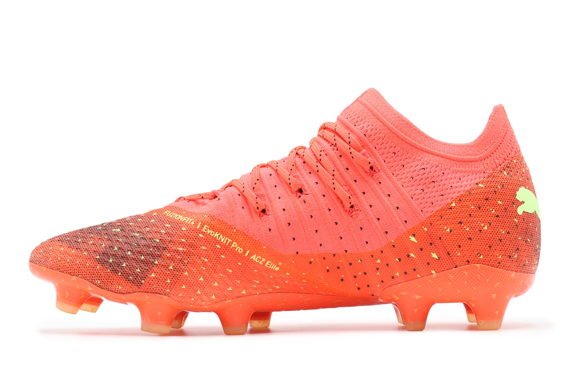 Puma Future Z 1.4 FG/AG, in the Fiery Coral/Fizzy Light/Puma Black colorway, photographed from the left side of the football boot