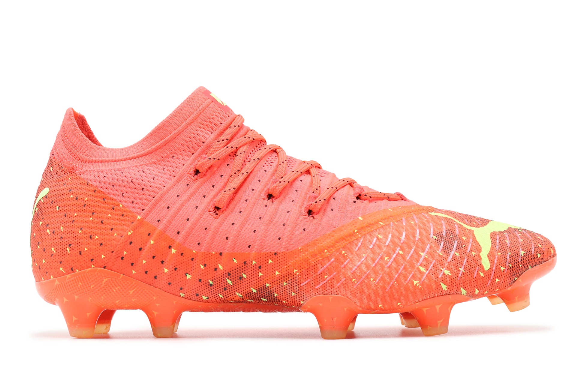 Puma Future Z 1.4 FG/AG, in the Fiery Coral/Fizzy Light/Puma Black colorway, photographed from the right side of the football boot