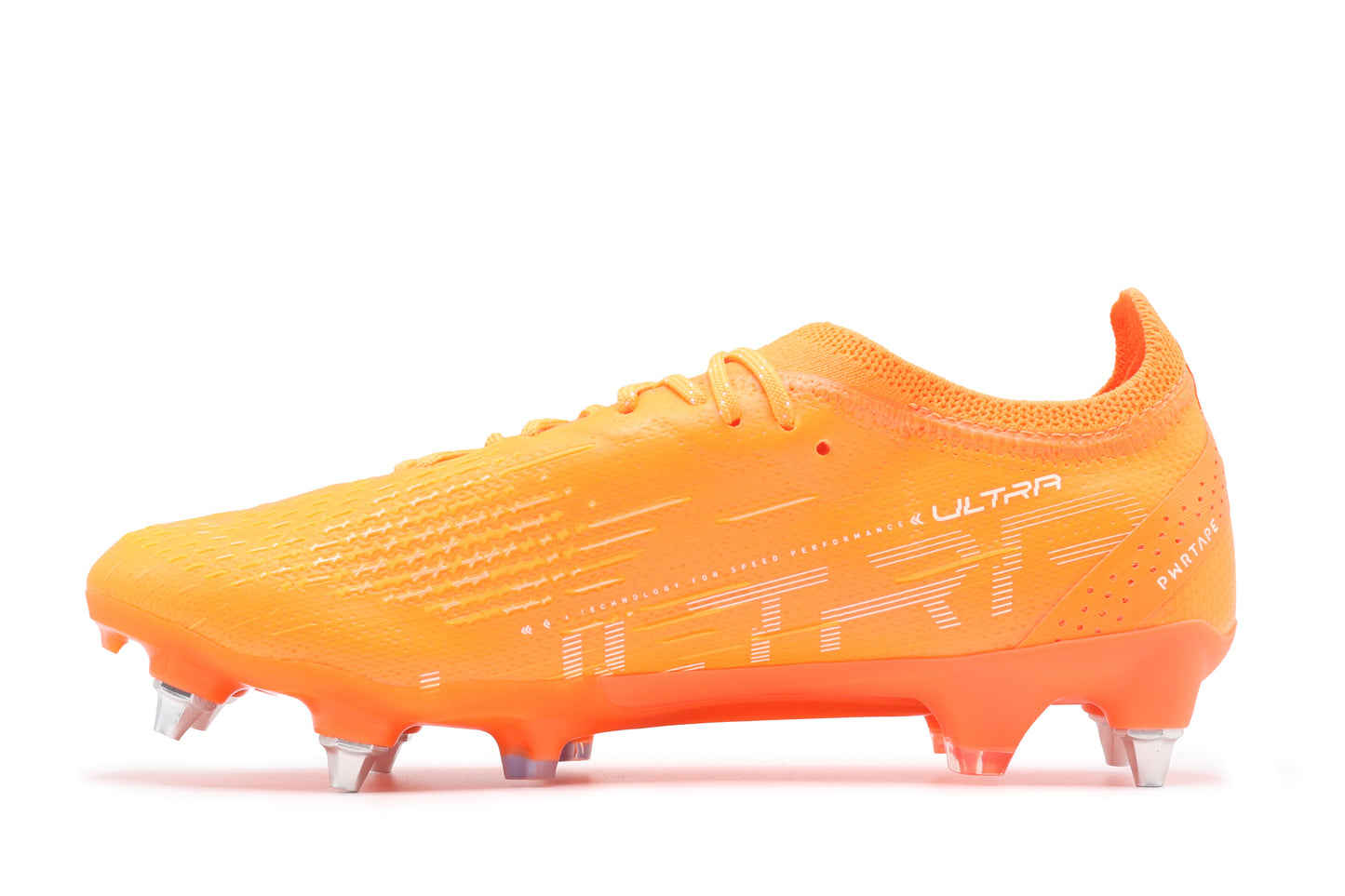 Puma Ultra Ultimate SG, in the Puma Ultra Orange/Puma White/Blue Glimmer colorway, photographed from the left side of the football boot