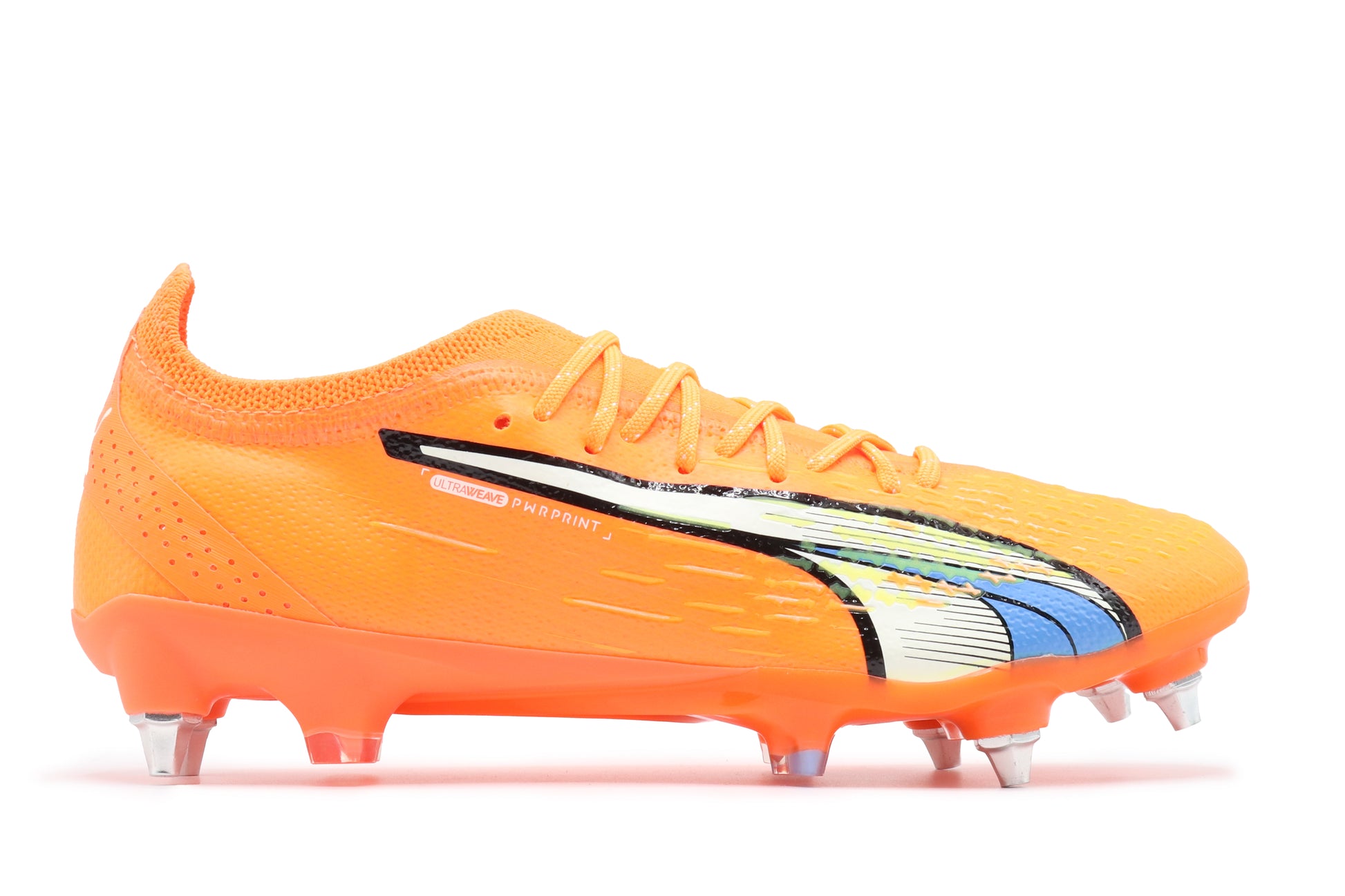 Puma Ultra Ultimate SG, in the Puma Ultra Orange/Puma White/Blue Glimmer colorway, photographed from the right side of the football boot