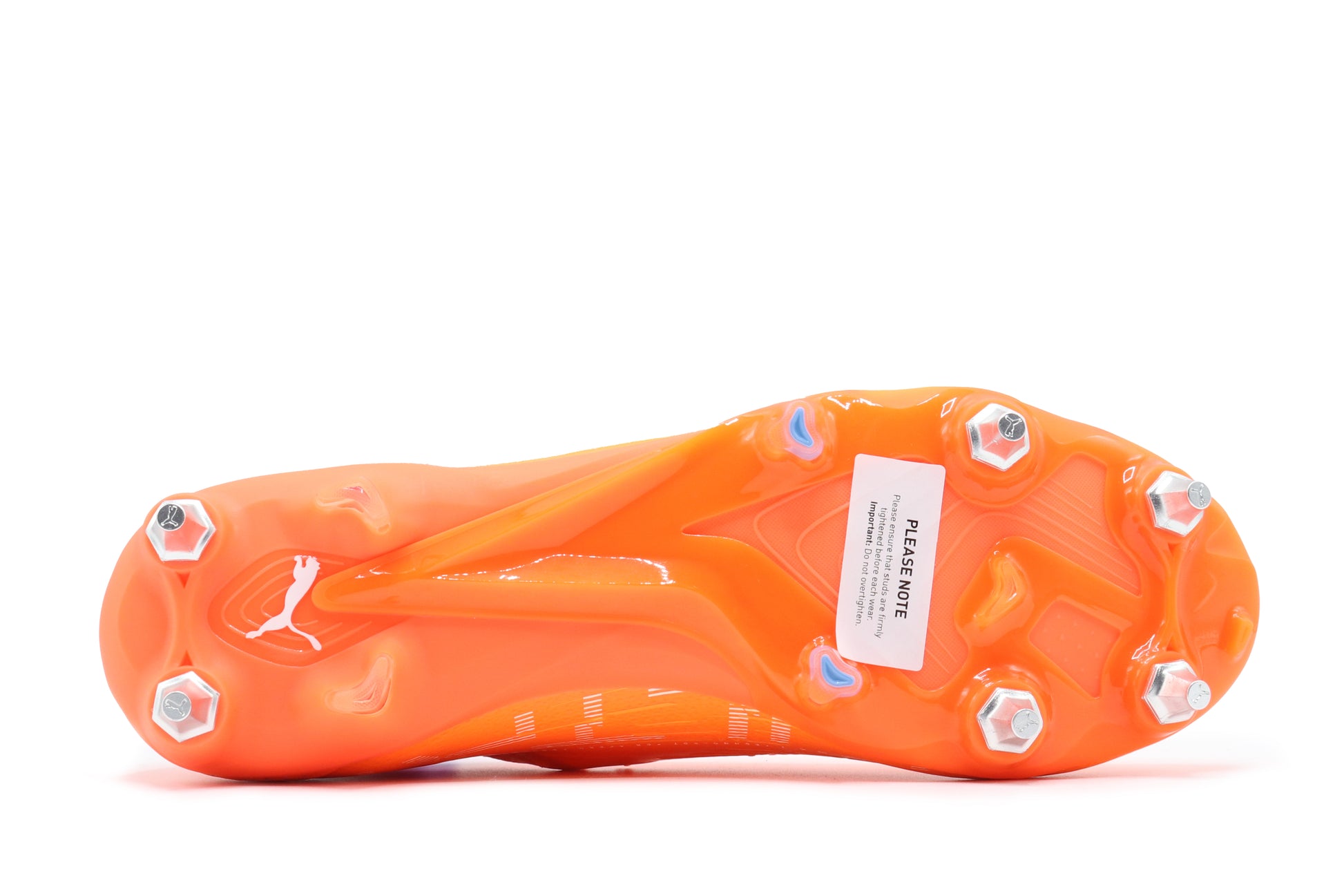 Puma Ultra Ultimate SG, in the Puma Ultra Orange/Puma White/Blue Glimmer colorway, photographed from the bottom side of the football boot, showing the soleplate